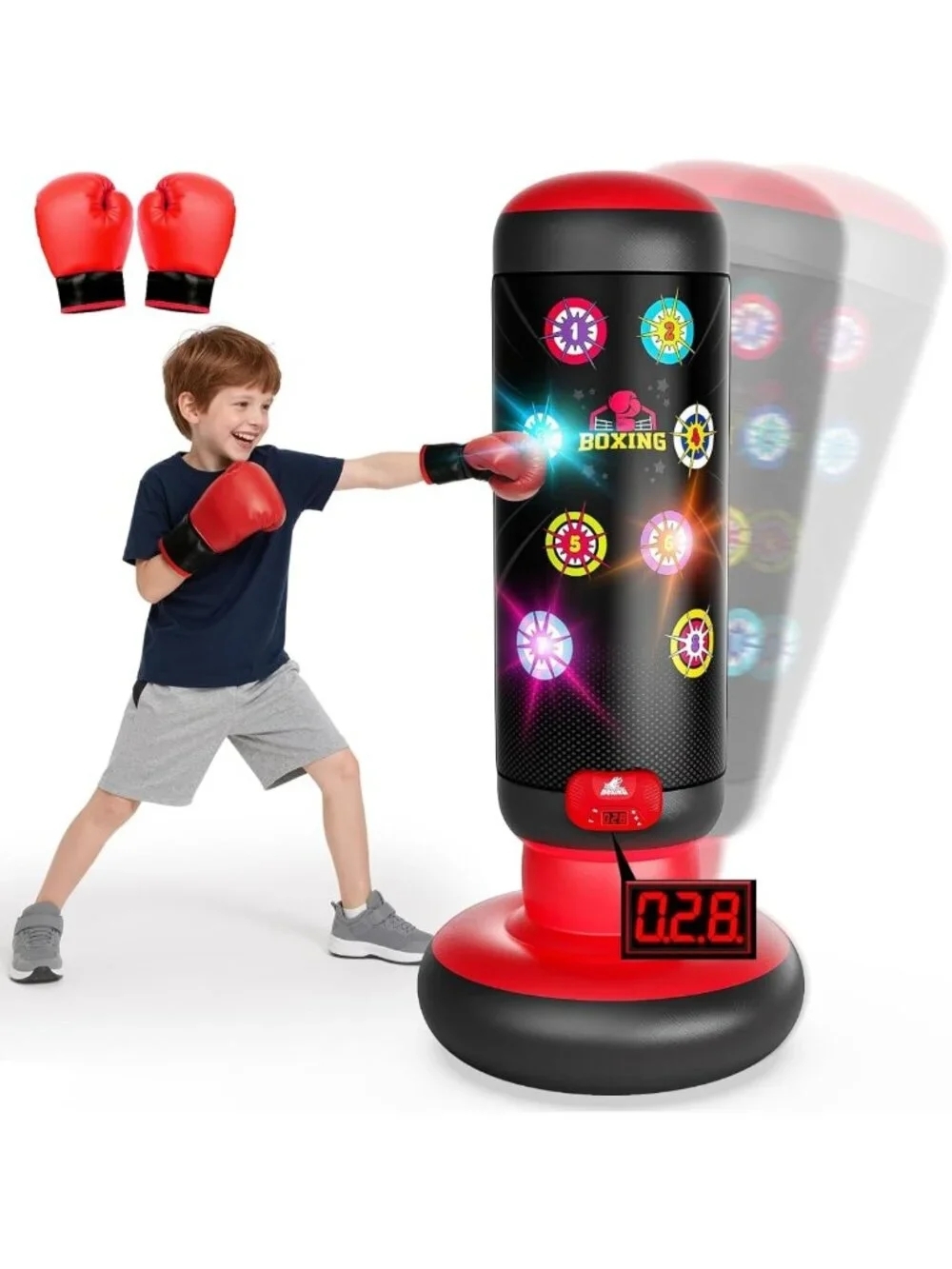Inflatable Kids Punching Bag Set with Gloves, Music & Lights, 4 Game Modes, Fun